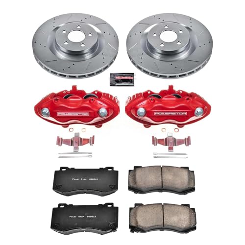 Image of PowerStop Front and Rear Brake & Caliper Kit for Dodge Journey 2009-12 - Carbon-Fiber Ceramic Brake Pads + Drilled & Slotted Rotors + Red Powder Coated Calipers, KC4015A