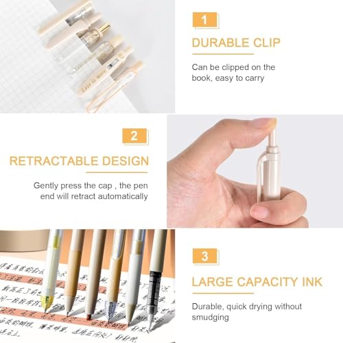 Image of COOFANDY Off-White Pastel Highlighter Set, Cute Note Taking 0.5mm Fine Point Retractable 5 Count Black Ink Pens with 1 Count Highlighter for Writing Planner School Supplies