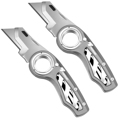Image of Tondiamo 2 Pcs Folding Pocket Utility Knife Heavy Duty Box Cutter Folding Razor Knife with Anti Slip Finger Loop Easy Change Blades 3 Lock Positions Design (Gray)