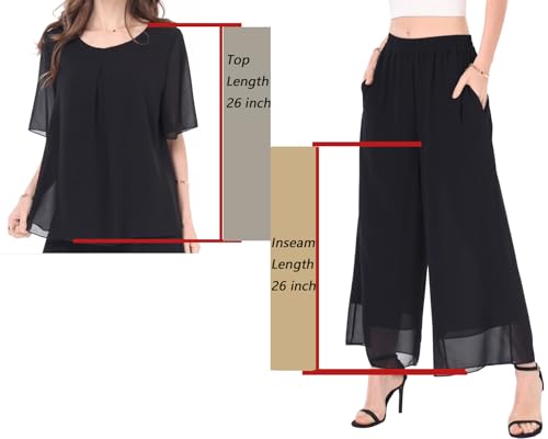 Women's Chiffon Summer 2 Piece Outfits Suit Blouse Top Capri Wide Leg Dress Casual Business Pants Sets2