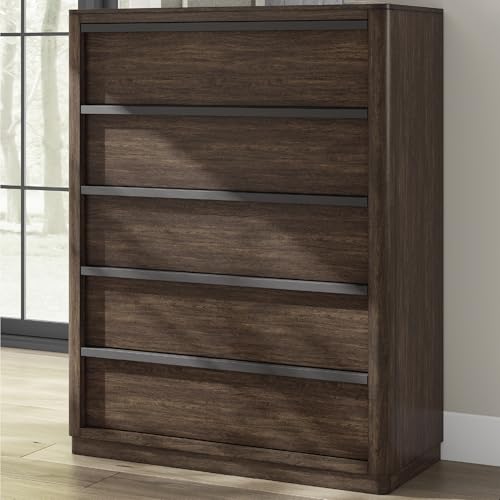 Image of Signature Design by Ashley Kendamor Contemporary 5-Drawer Chest with Felt-Lined Top Drawer and Easy Glide for Bedroom, Dark Brown