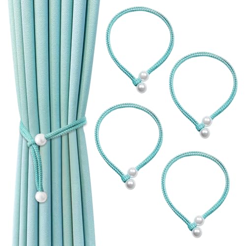 SUBTAVIK 4 Sujetacortinas, Hebilla de Cuerda con Perlas, Diseño Elegante Tejido, Sujetadores Ajustables para el hogar, Oficina, Sala de Estar, Dormitorio (Azul)