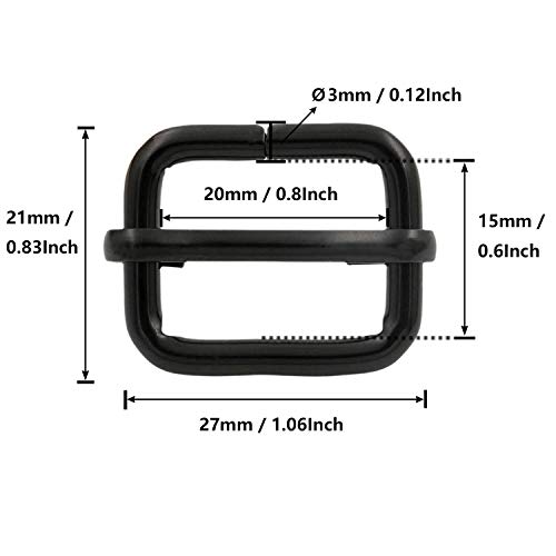 BIKICOCO Metal Slide Adjuster Buckle Tri-Glides with Movable Center Bar, for Straps, 0.8 x 0.6 Inch, Black, Pack of 50