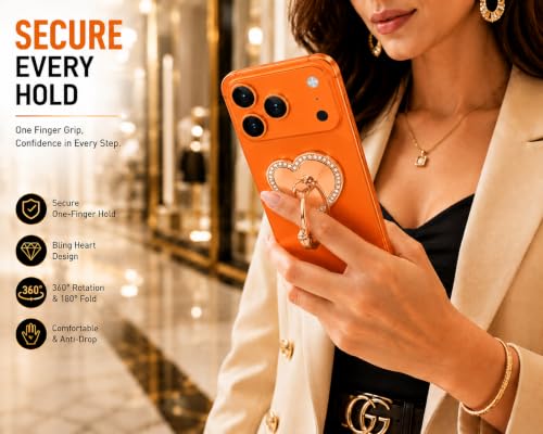 Image of Mizi 2Pack Bling Heart Phone Ring Holder Stand, 360 Rotating & 180 Foldable Finger Grip Kickstand-Strong 3M Adhesive, Zinc Alloy Phone Ring-Smartphones & Tablets, Sparkly Diamond Design - Rose Gold