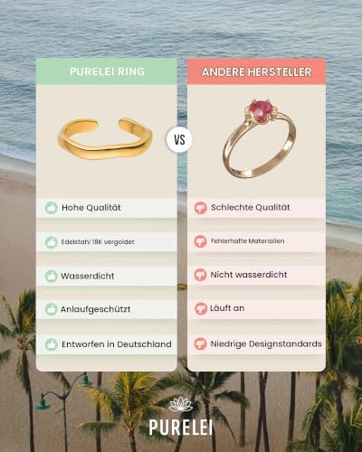 Purelei Nakuna Ring (Gold,Silber,Rose) Damen Ring Silber 18K vergoldet, Wasserfester Ring mit geschwungenem Design, größenverstellbar… – Ansicht 4