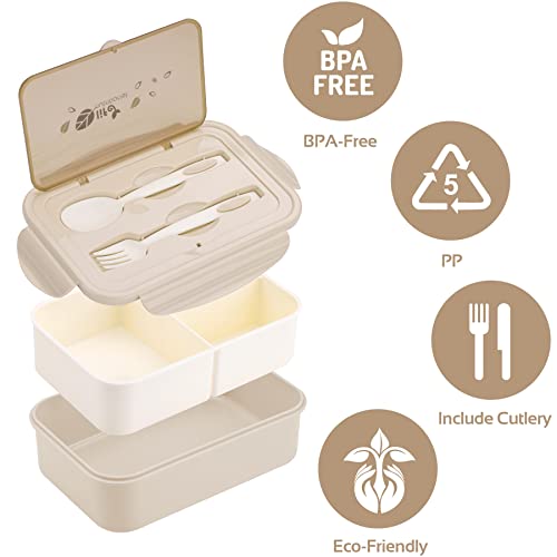 Foto von LUZOON Lunchbox Bento Box Brotdose Erwachsene 1400ml mit 3 FäChern für Kinder inkl. Besteck Jausenbox für Mikrowellen Und SpüLmaschinen, Schule Arbeit Picknick Reisen (Khaki①, 1400ml)