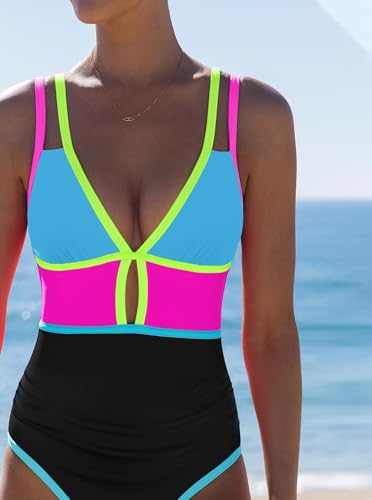 Image of popvil Women One Piece Swimsuit 2026 Tummy Control Sexy Cutout Neon Color Block Bathing Suit Slimming Adjustable Swimwear