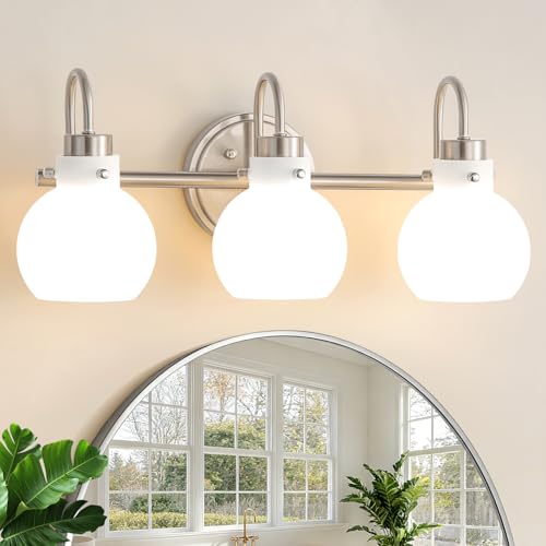 Image of Bathroom Light Fixtures Brushed Nickel 3 Light Vanity Light Wall Sconces with Milk Globe Glass Shades Bath Wall Lamp over Mirror Farmhouse Wall Mount Lights for Kitchen Living Room Bedroom Hallway