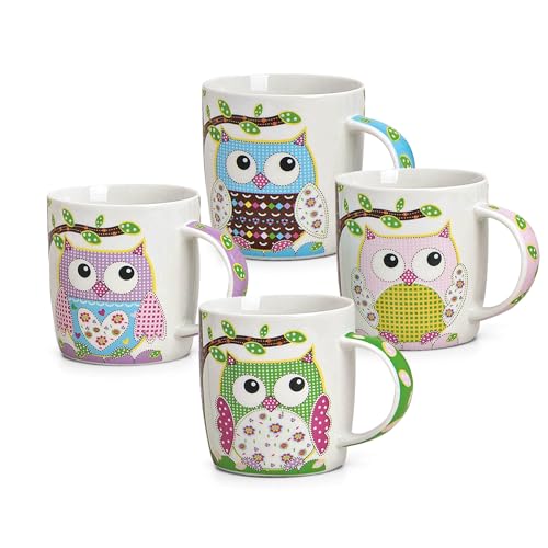 Juego de 4 tazas en azul, verde, rosa y lila con búhos, modernas tazas de café de porcelana en 300 ml para capuchino, café y té, tazas de café excepcionales aptas para lavavajillas y microondas