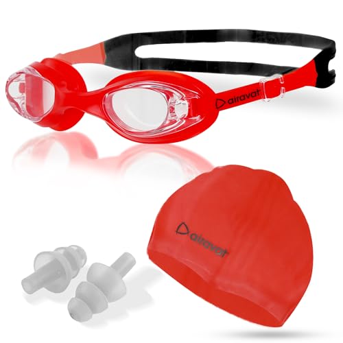 Image of AIRAVAT Hydro 0027 Swimming kit, Swimming Set With Swimming Goggle Nose & Ear Plug And Swim Cap | Optic Quality Poly carbonate Lenses, 100% UV Protection Anti-fog Coated, Ultra Durable (Red)