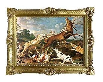 Made in Italy Bild Bilderrahmen Foto 90x70 cm Jagd Hunde Reh Exklusive Reproproduktion Bilder mit Rahmen Barock Wandbild Kunstdrucke Gemälde Retro Repro antik für Café Bar Home Büro Praxis 58B