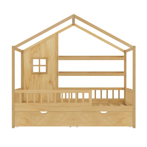 Image of Bellemave Twin House BedFrame with Canopy and Storage Drawers, Montessori Bed, House Bed with Rails for Kids, Natural