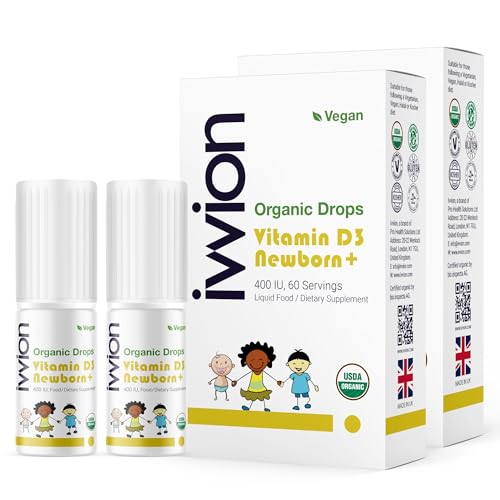 Image of ivvion Organic Vegan 400IU, Vitamin D3, 60 Drops – Baby Drop for Infants & Toddlers | USDA Organic, Non-GMO, Plant-Based, No Additives or Preservatives, All Natural, Made in UK - Pack of 2