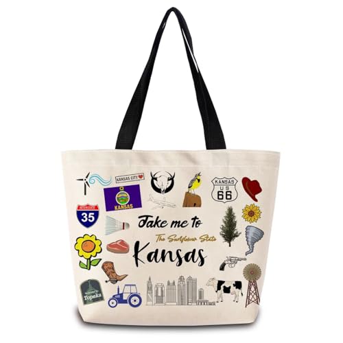 ZhuVantrix Take Me To Kansas Tote Bag Reusable Grocery Bags Aesthetic Shopping Shoulder Handbag with Interior Pocket Lightweight & Washable Stylish Kansas Travel Present for Women