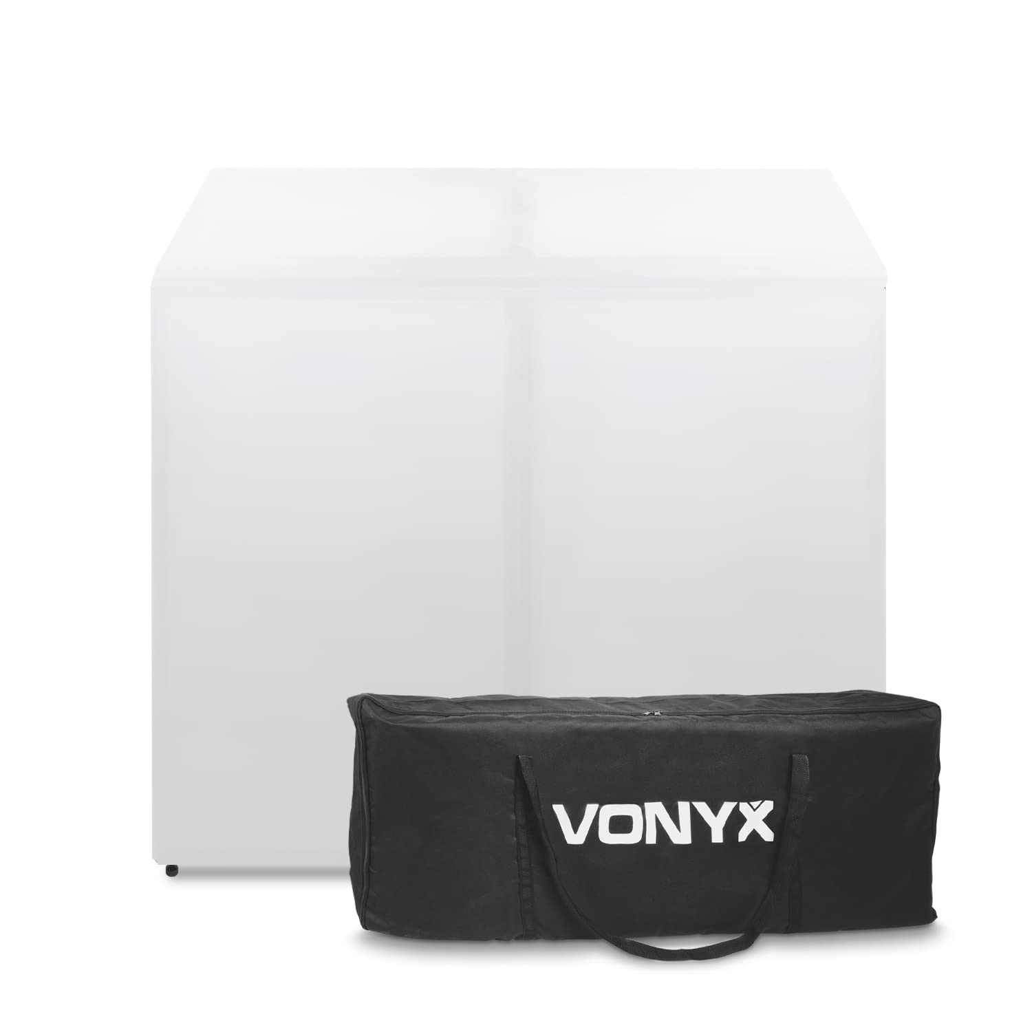 Vonyx DB3 DJ Pult, DJ Booth, großer mobiler DJ Tisch klappbar mit Tragetasche und weißer und schwarzer Husse, faltbar DJ Equipment, DJ Table, DJ Stand