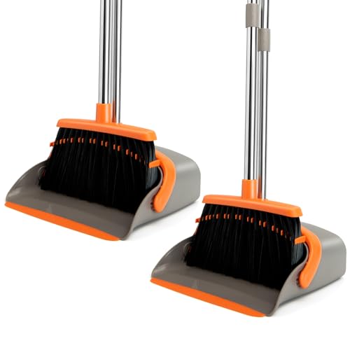 Image of 2-Pack Broom and Dustpan Set with Long Handle, Heavy Dust Broom and Dustpan Combo for Home,Kitchen, Office, Pet Hair(Gray Orange)