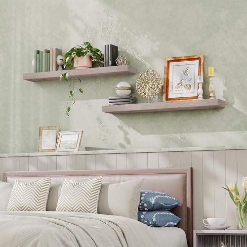 Image of HOOBRO Floating Shelves for Wall, Wall Mounted Shelf Set of 2, 47.2 inch Hanging Shelf with Invisible Brackets, for Wall Decor Storage in Bathroom Bedroom Kitchen Living Room Office, Greige BG120BJP201