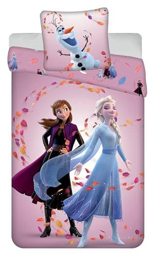 Jerry Fabrics Parure de Lit Reine des Neiges Magical Time, Housse de Couette Frozen Réversible 140x200 cm + Taie d'oreiller 65x65 cm, avec Elsa, Anna et Olaf