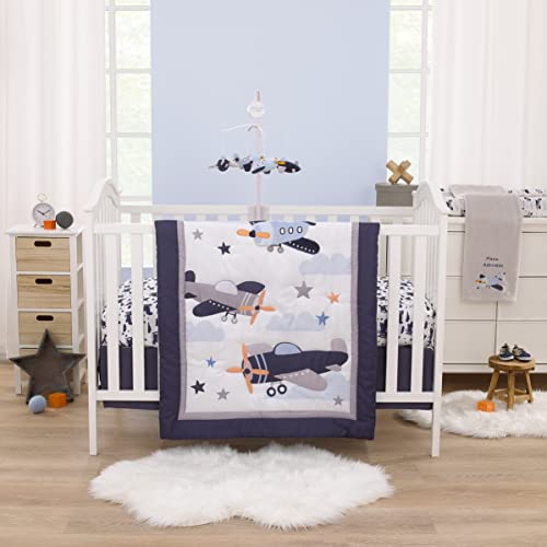 Image of Little Love by NoJo Soar High Little One Gray and Light Blue Airplane Super Soft Baby Blanket