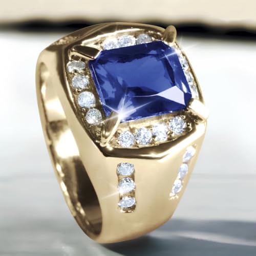 Men‘s Square Blue Sapphire Ring Yellow Gold Plated Sterling Silver Genuine Sapphire Ring with Diamond Handmade Vintage Jewelry Eternity Engagement Promise Gift for Husband3