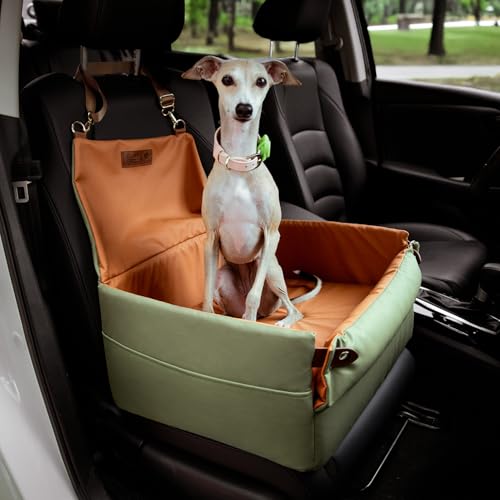 FUNNYFUZZY Dog Car Seat for Small Dogs, Waterproof Dog Booster Car Seat, Faux Leather Pet Car Seat Travel Bed with Thick Cushion, Car Seat for Dogs (Orange Green, 19.69