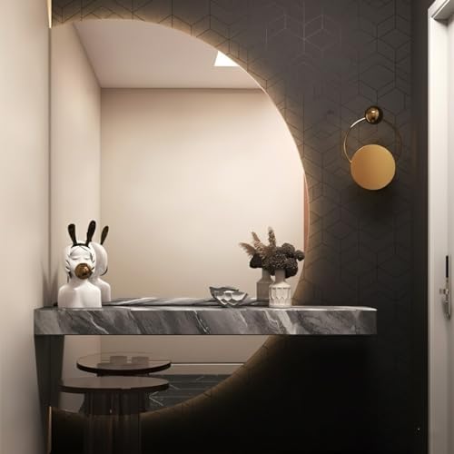 曇り止めLEDバスルームミラー、半円形の壁掛け式、パウダールーム用、スマートな3色調光機能、モダンなフレームレスデザイン、バックライト付き、防爆ガラス、80cm-120cm(Left high,120cm/47'')