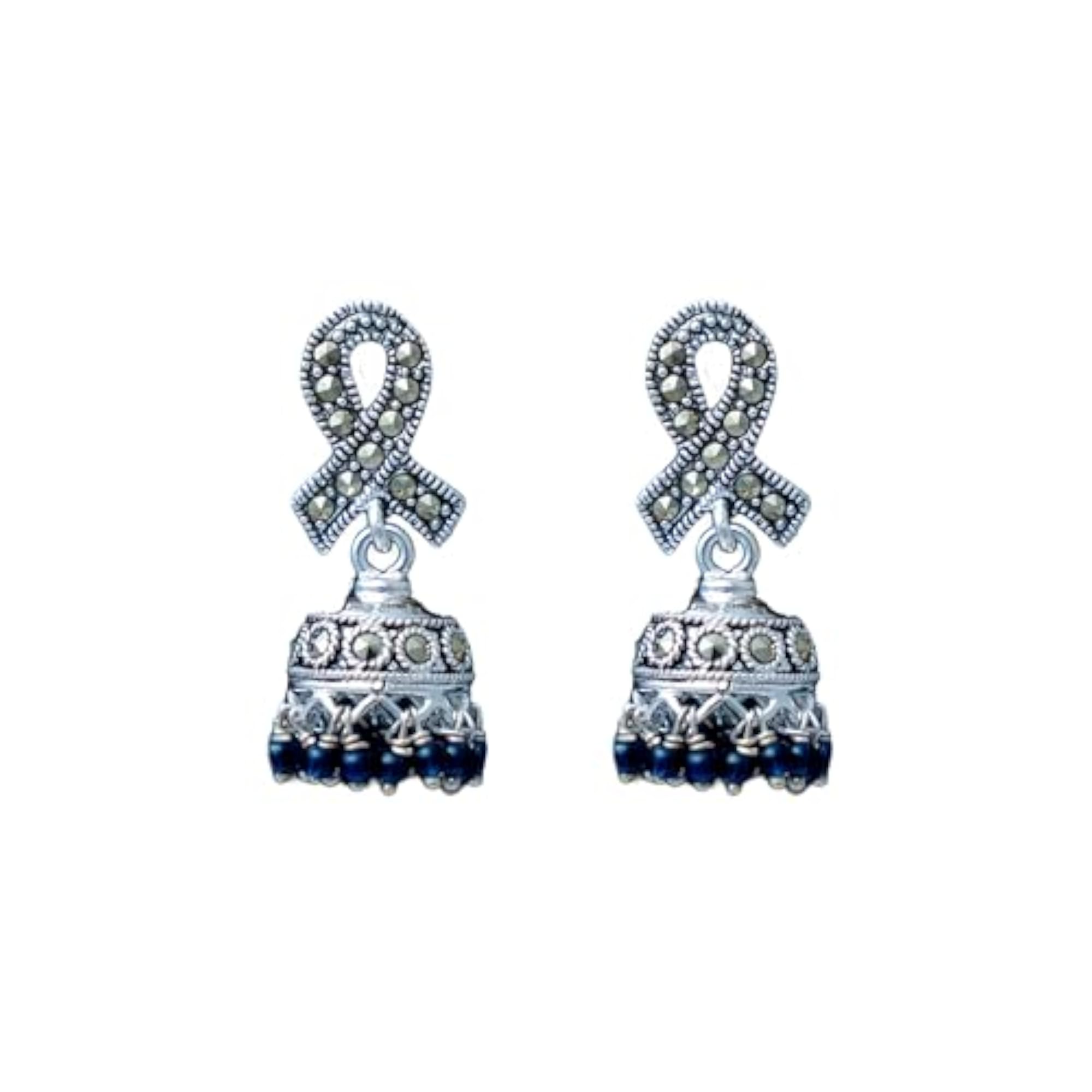 Women's Oxidized Silver Jhumka Earrings with Black Bead Detailing