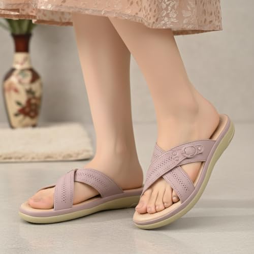 Image of SELBRO Women's Comfort Slip-On Sandals - Lightweight Criss-Cross Strap Flats with Laser-Cut Detail and Cushioned Footbed - Stylish Everyday Walking Flats SAR-CHD126
