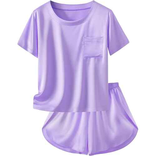 Petite&Me silky Girls Pajamas Soft T-Shirt Flowy Shorts Flora Party Sleepwear Set for Kids/Teens