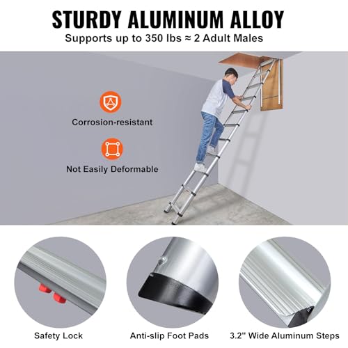 Image of VEVOR Attic Ladder Telescoping, 350-pound Capacity, 39.37 inch x 23.6 inch, Multi-Purpose Aluminium Extension, Lightweight and Portable, Fits 9.8'-10.5' Ceiling Heights, Convenient Access to Your Attic Standa