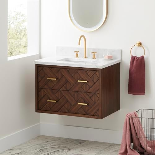 Signature Hardware 954035-30-RUMB-8 Patzi 30" Wall Mounted Single Basin Vanity Set with Cabinet and Vanity Top - Chocolate Bark Brown/Carrara Marble