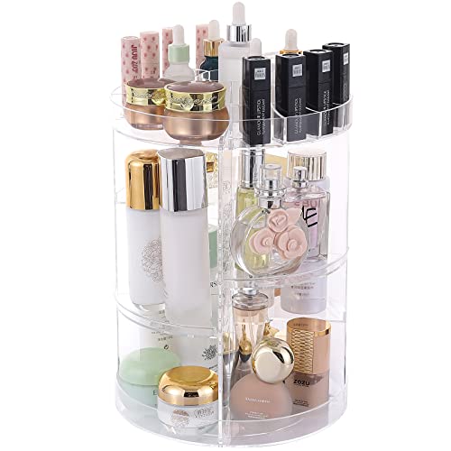 Makeup Organizer for Bathroom,360 Degree Rotating Adjustable Spinning Cosmetic Storage Cases,Large Capacity Make Up Holder Display Cases,Fits Jewelry, Makeup Brushes, Lipsticks and More,Clear
