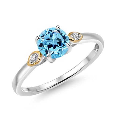 925 Silver and 10K Yellow Gold Swiss Blue Topaz and White Lab Grown Diamond 3-Stone Engagement Ring For Women (1.03 Cttw, Round 6MM, Gemstone November Birthstone, Available in Size 5,6,7,8,9)