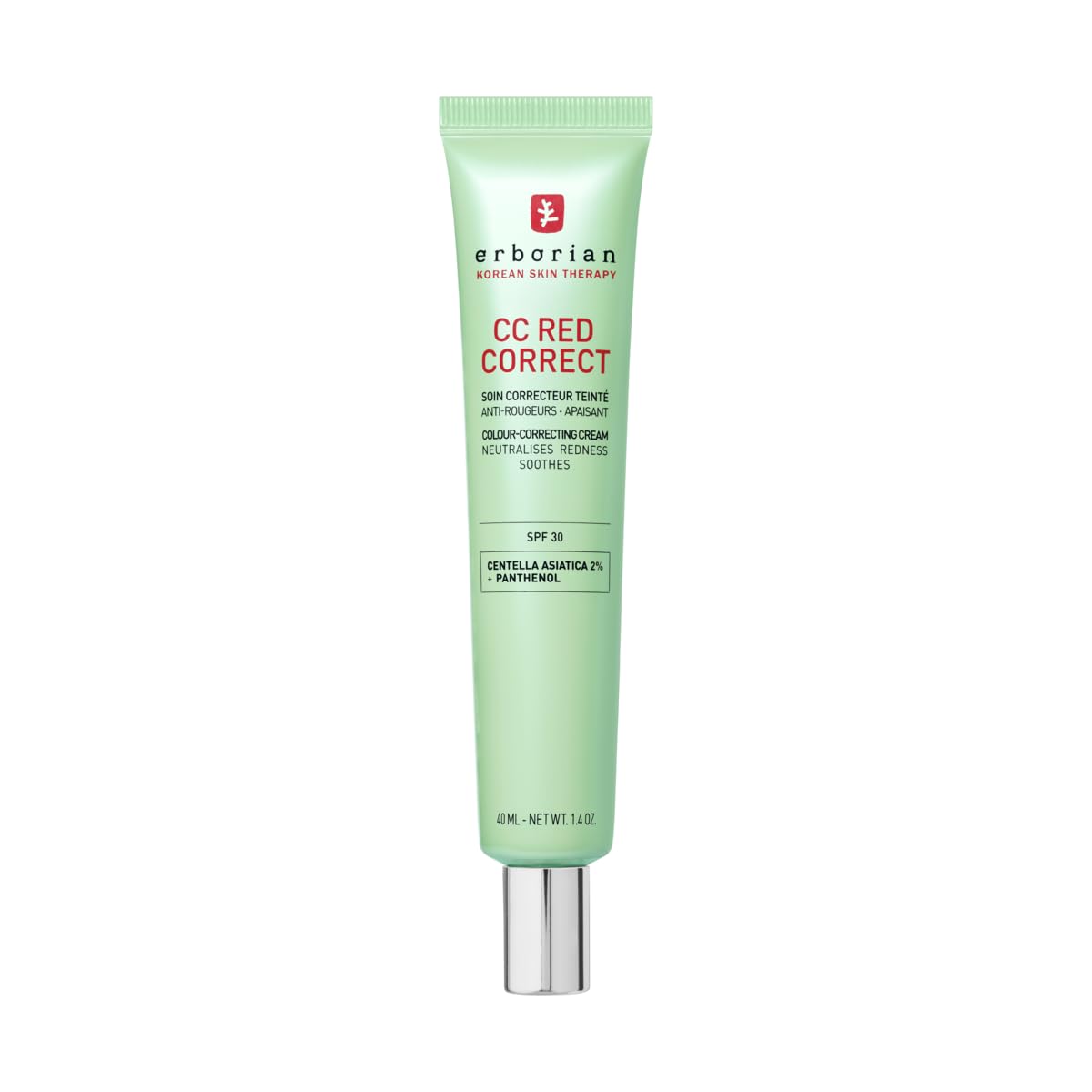 Erborian - CC Red Correct - Anti Redness Tinted Face Cream with Centella Asiatica Panthenol and Bisabolol - Green Neutralizing Shade with SPF 30 - Light Coverage - 40ml - Korean Cosmetic
