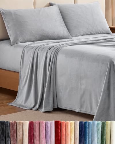 Image of Fleece Sheets Cal King Size Set - 4-Piece Velvet Flannel Sheet Set - Grey