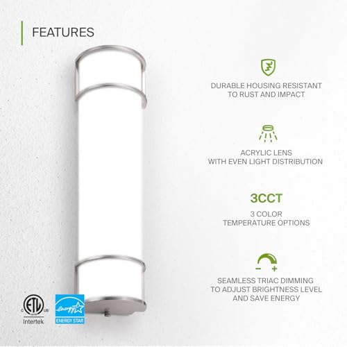 Image of ASD LED 24 inch Vanity Flush Mount Light Fixture, Linear Bathroom Lighting Bar | 3CCT, Dimmable, Energy Star, ETL Listed | 25W 1950LM 3000-5000K 120V | Long Tube Bath Wall Sconce Over Mirror | Nickel