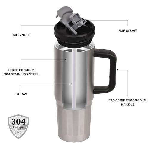 Image of FLAIR Vogue Vacuum Insulated Stainless Steel 750 ml Tumbler with Handle | 2-in-1 Lid with Flip Straw & Sip Spout -Grey | Hot & Cold Beverage Mug | Leak Resistant