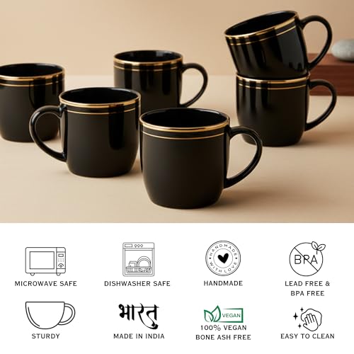 Image of Vistas Black Gold Line Ceramic Tea Cups Set of 12, 180ml | Porcelain Tea Cups Set of 12 | Glossy Finish | Premium Ceramic | Perfect for Every Occasion