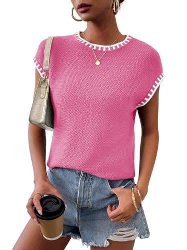 Image of Cap Sleeve Sweater Tops for Women 2026 Knit Summer Sleeveless Tank Vest | Slim Fit, Trendy Color Block, Soft, Skin-Friendly, Strechy, Lightweight, Breathable, Casual Daily Wear