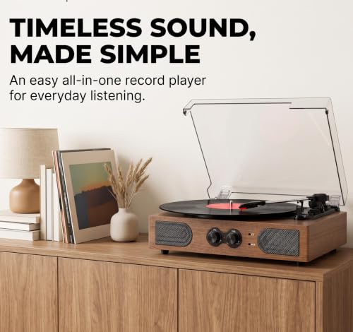 Image of Vinyl Record Player with Dual Speakers Bass /Treble Control Walnut