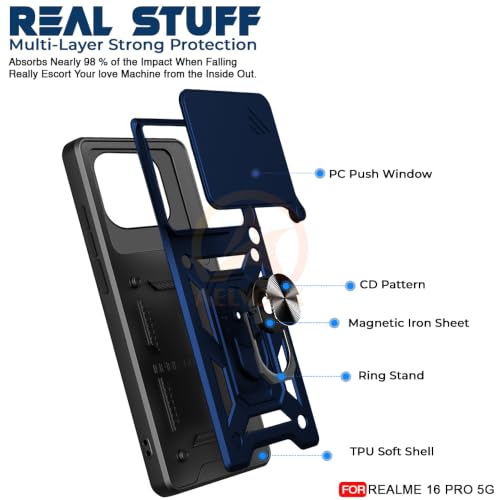 Image of Armor Bumper Back Cover Case for Realme 16 Pro 5G Rotating Camera Cover, Ring Holder & Kickstand | Heavy Duty & 360 Degree Protection Realme 16 Pro 5G Back Cover (Blue)