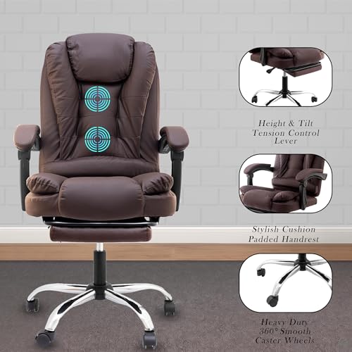 Image of Casa Copenhagen Italia Leatherette Office Chair for Work | Boss Chair, Ergonomic Executive, Luxurious Cushioned Arms & Seat, 2 Point Back Massager, Adjustable Leg Rest, Heavy Duty Metal Base(Brown)
