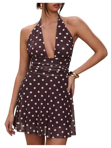 Milumia Women's Polka Dots Ruched Backless Halter Mini Dress Sexy Deep V Neck A Line Short Dresses