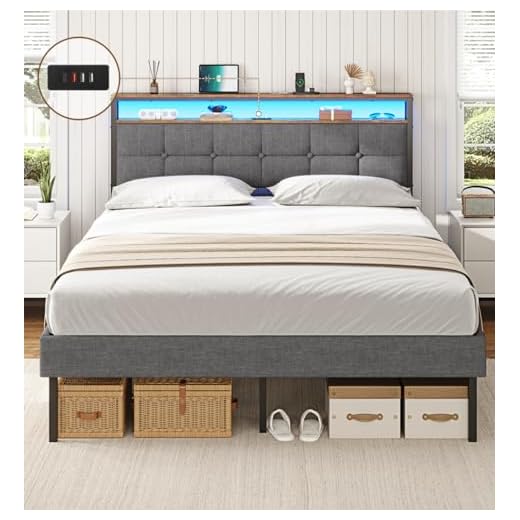 AOGLLATI Lit 2 Personnes avec Multiprise et LED Réglable,Cadre de Lit 160x200 avec Sommier Métal,Capitonnée en Lin Gris, sans Matelas