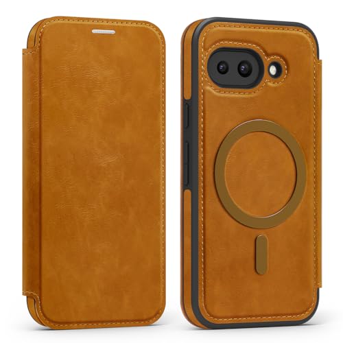 Lunivop Compatible with Google Pixel 9a Case 2025 6.3 '' Flip Cover PU Leather RFID Blocking Card Holder Wallet 【Compatible with Magsafe】 Magnetic Phone Case for Pixel 9a (Light Brown)