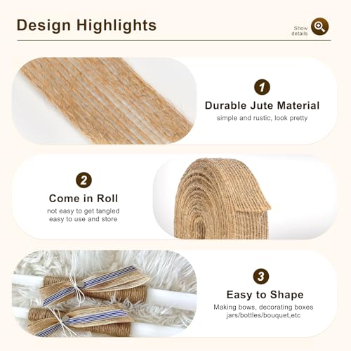 KINGLAKE 2cm Hessian Ribbon Roll, 60m Burlap Jute Ribbon for Gift Wrapping Natural Brown Craft Ribbons for Crafting Florist - Image 3