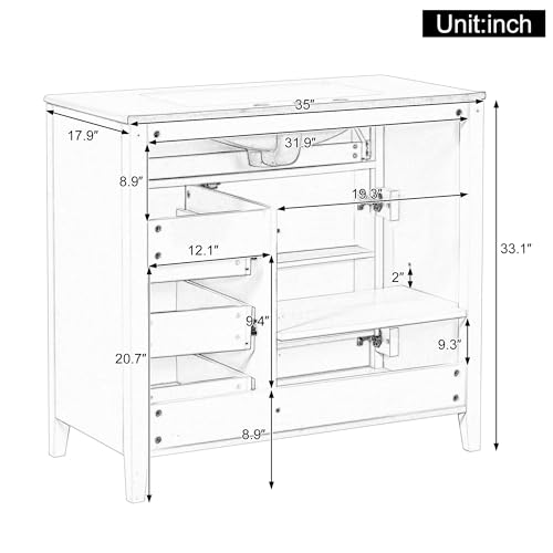 Image of 36 inch Bathroom Vanities with Top Set, Cabinet with Right-Side Multi-Functional Tip-Out Drawer and Adjustable Shelf, Soft-Closing Door, Solid Wood Legs, White