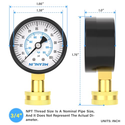 Image of MEANLIN MEASURE 0-100psi Water Pressure Gauge, 3 /4 inch Female 2.5 inch FACE DIAL Water Pressure Test Gauge with Sealing Ring, Water Pressure Gauge for Home