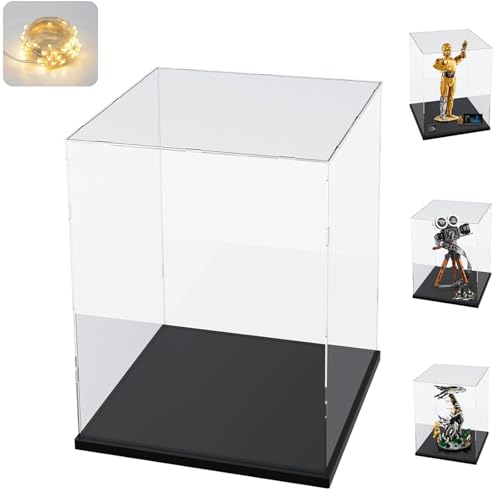 Vitrina Expositora para Colecciones para Lego 75398 C-3PO 43230 77072, Expositor Cajas de Metacrilato Transparente Espesado Vitrina Acrílica con Base de Madera-Plástico &Luz, Interior Negro 25x25x40cm