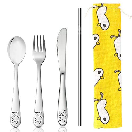 Cubiertos Infantiles, Juego de Cubiertos para Niños Adorable Portátil Juego de Cubiertos- Cuchillo Tenedor Cuchara Paja Cubiertos Bolsa 5pcs